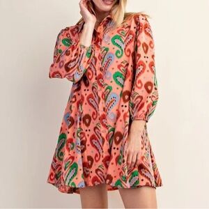 GiGiO Women's Coral and Green Patterned Dress